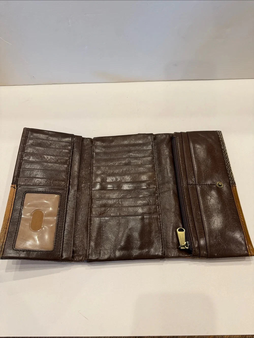 HOBO Brown Leather and Snakeskin-Textured Fold Clutch